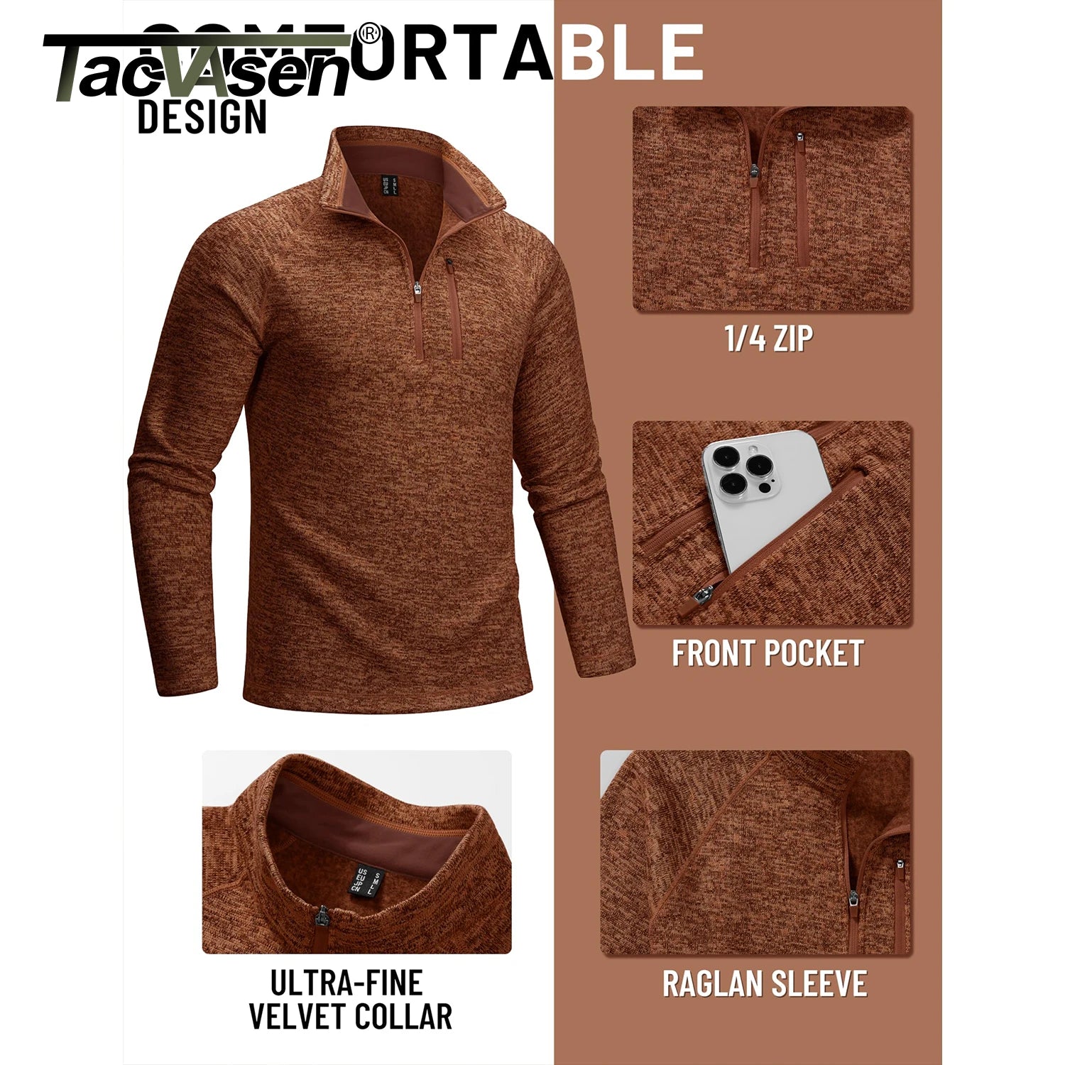 TACVASEN Jersey con cremallera de un cuarto para hombre, suéter térmico de lana de manga larga, sudadera de golf informal ligera con bolsillo con cremallera