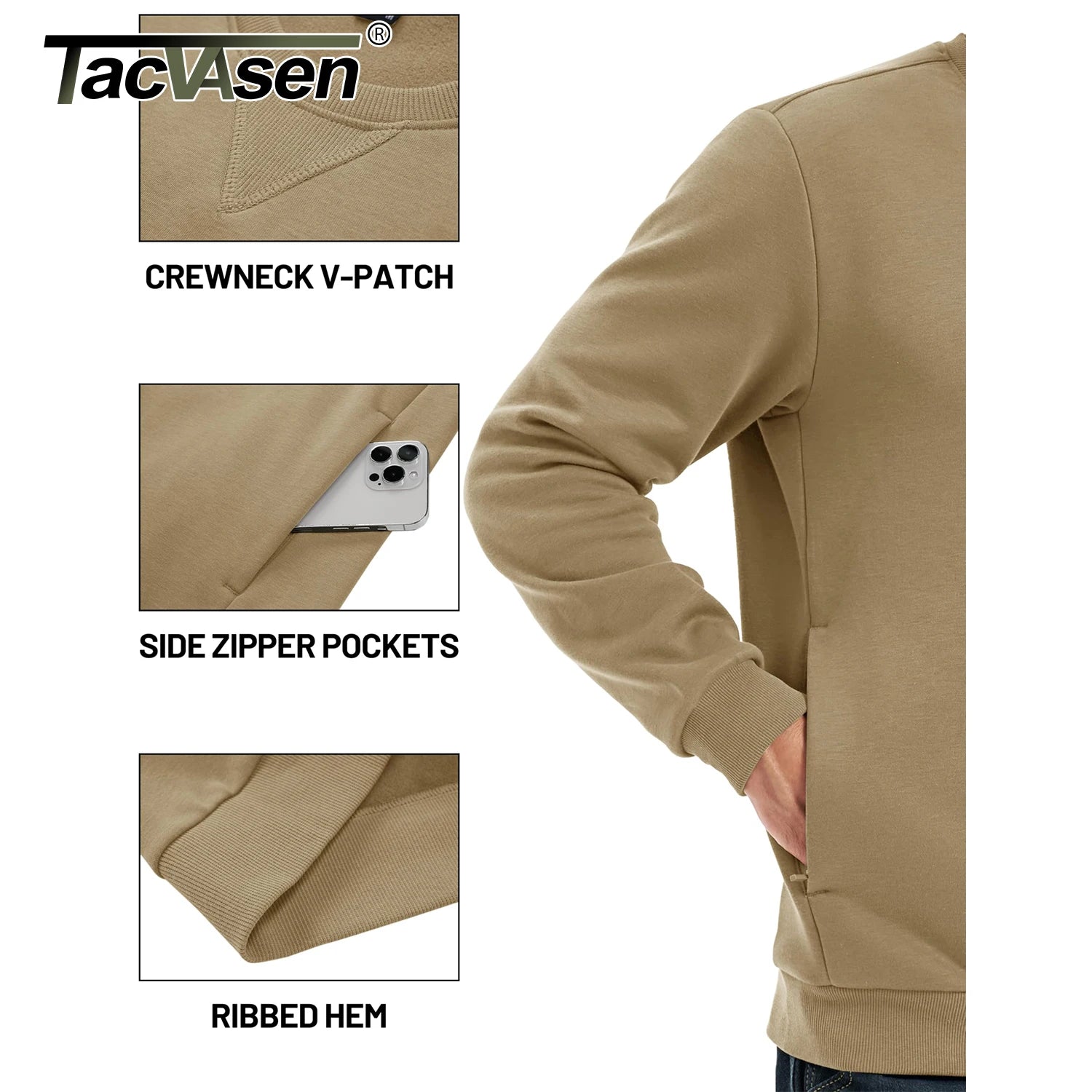TACVASEN Sudadera de invierno de lana con cuello redondo para hombre, jersey informal cálido de peso medio de manga larga, sudadera deportiva con bolsillo, Tops básicos