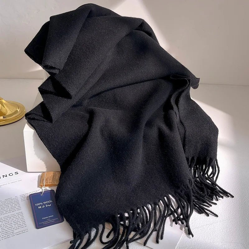 Bufanda de lana de 100% a la moda, bufanda suave de Color sólido para mujer, bufanda cálida y versátil para invierno, chal de punto grueso, bufandas simples con borlas - Edgartyh