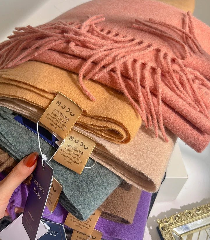 Bufanda de lana de 100% a la moda, bufanda suave de Color sólido para mujer, bufanda cálida y versátil para invierno, chal de punto grueso, bufandas simples con borlas - Edgartyh