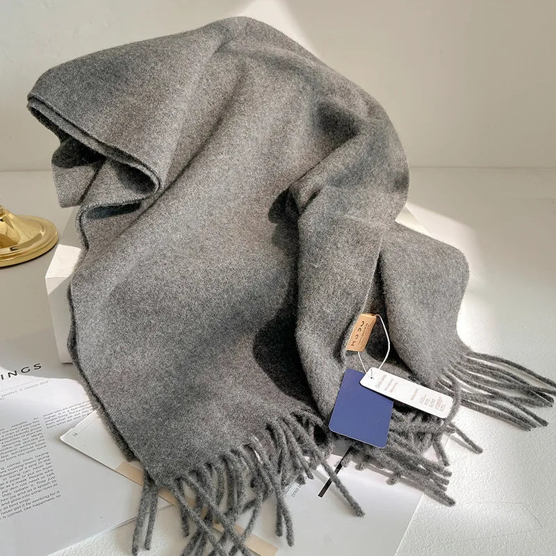 Bufanda de lana de 100% a la moda, bufanda suave de Color sólido para mujer, bufanda cálida y versátil para invierno, chal de punto grueso, bufandas simples con borlas - Edgartyh