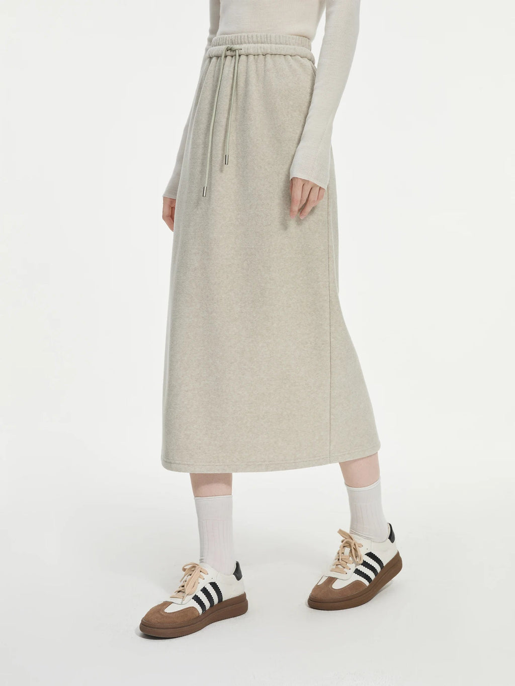FSLE - Conjunto de sudadera gris gruesa para mujer, ropa de calle con cintura elástica, Falda larga de línea A, + 24FS14492 24FS14491, Invierno - Edgartyh