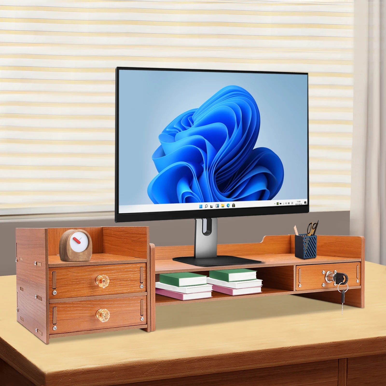 Organizador de escritorio de madera con cajón, almacenamiento de archivos, soporte elevador para Monitor de escritorio, soporte para ordenador - Edgartyh