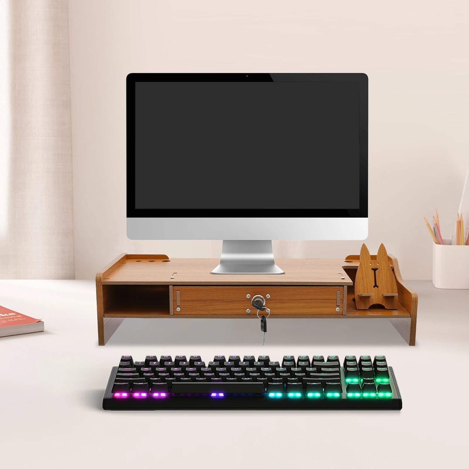 Organizador de escritorio de madera con cajón, almacenamiento de archivos, soporte elevador para Monitor de escritorio, soporte para ordenador - Edgartyh
