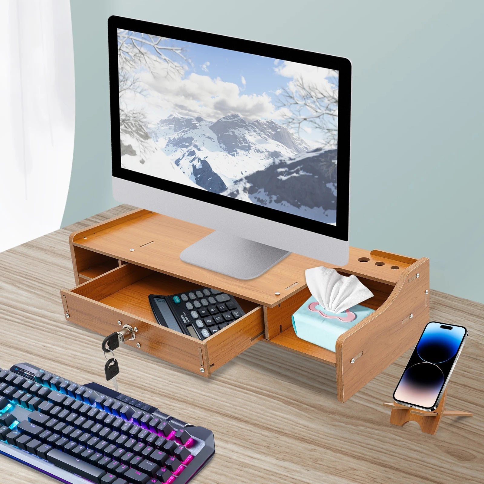 Organizador de escritorio de madera con cajón, almacenamiento de archivos, soporte elevador para Monitor de escritorio, soporte para ordenador - Edgartyh