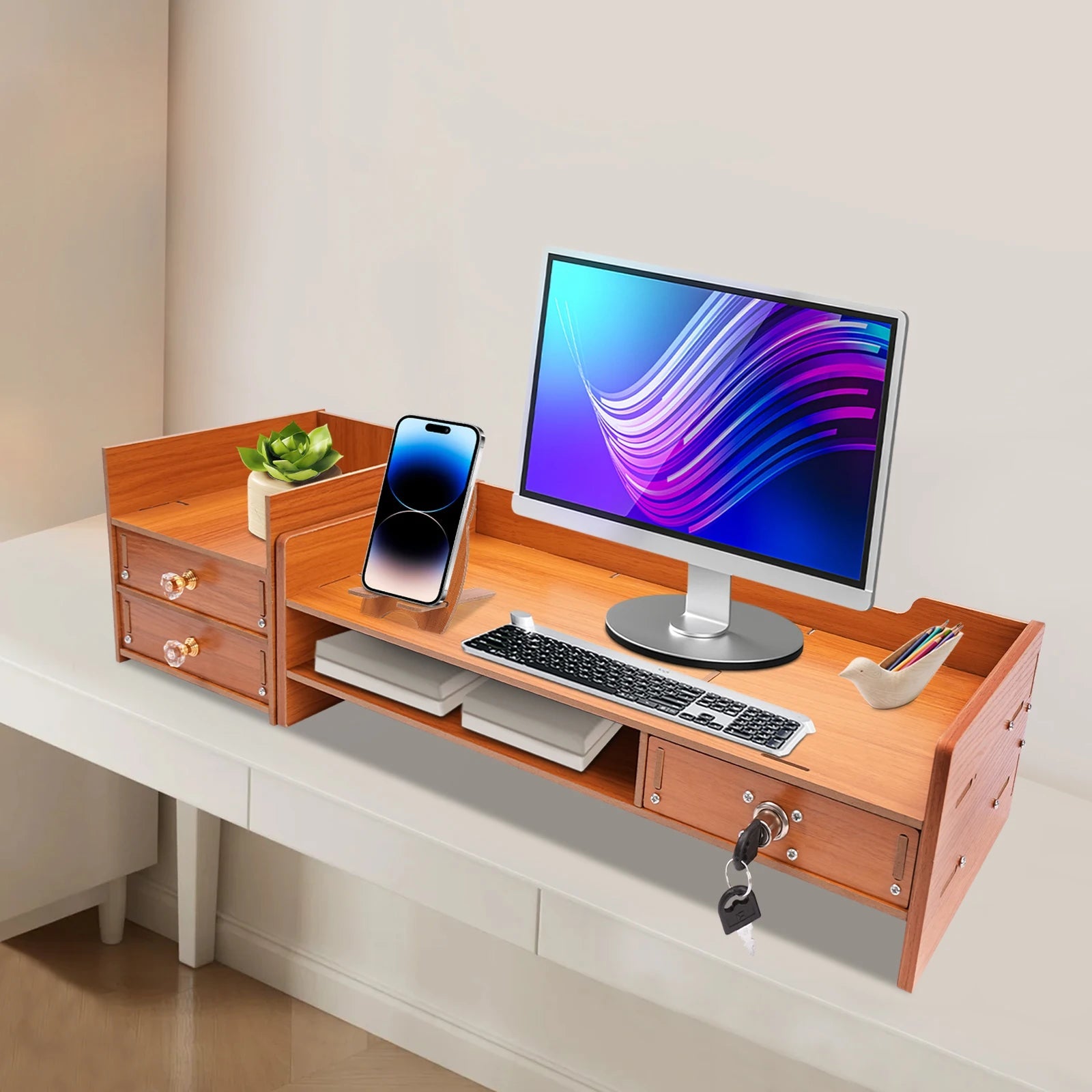 Organizador de escritorio de madera con cajón, almacenamiento de archivos, soporte elevador para Monitor de escritorio, soporte para ordenador - Edgartyh