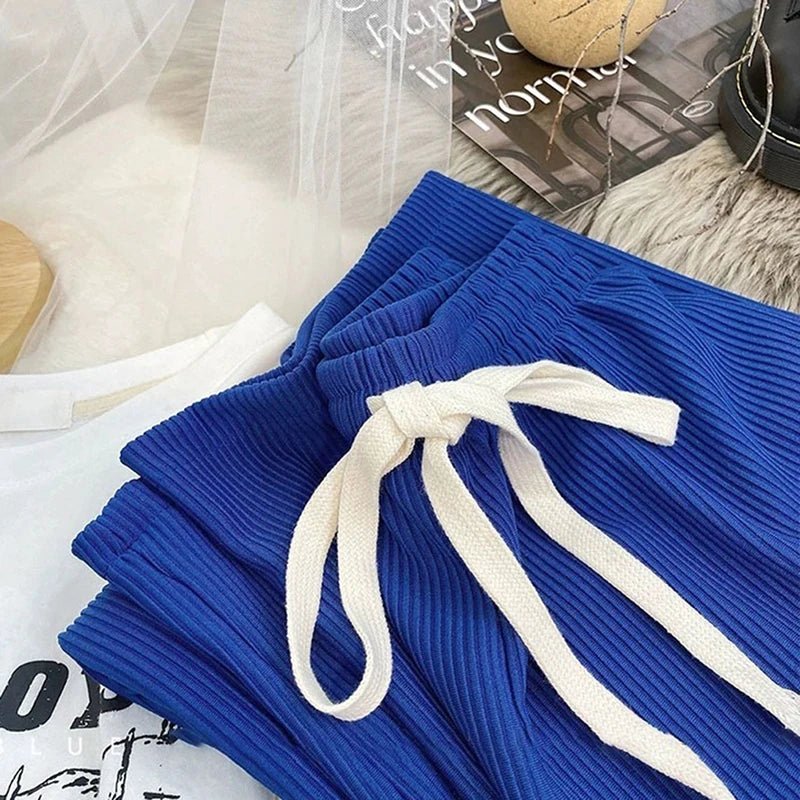 Pantalones largos de punto con cordón para mujer, pantalón de pierna ancha, cintura alta elástica, 6 colores, 1 piezas - Edgartyh