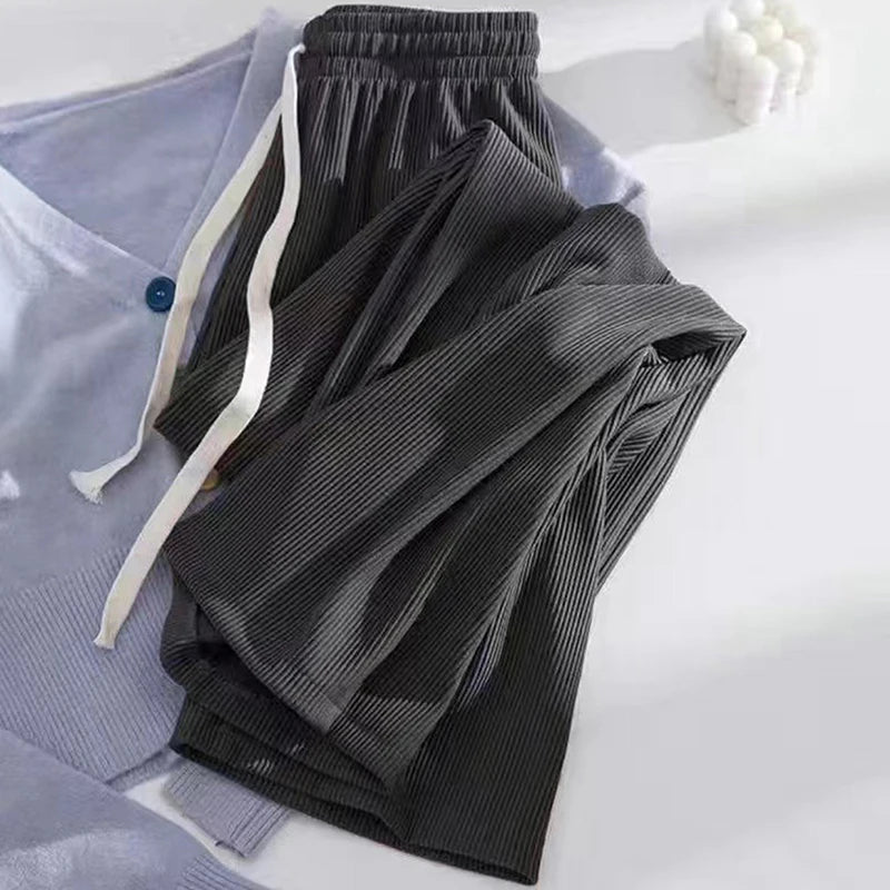 Pantalones largos de punto con cordón para mujer, pantalón de pierna ancha, cintura alta elástica, 6 colores, 1 piezas - Edgartyh