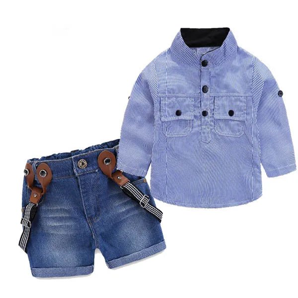 Venta caliente, conjunto de ropa para niños pequeños para niño, traje informal con tirantes, camisa + Pantalones cortos, ropa para niños, conjunto de traje para niños al por menor 1 - 6T - Edgartyh